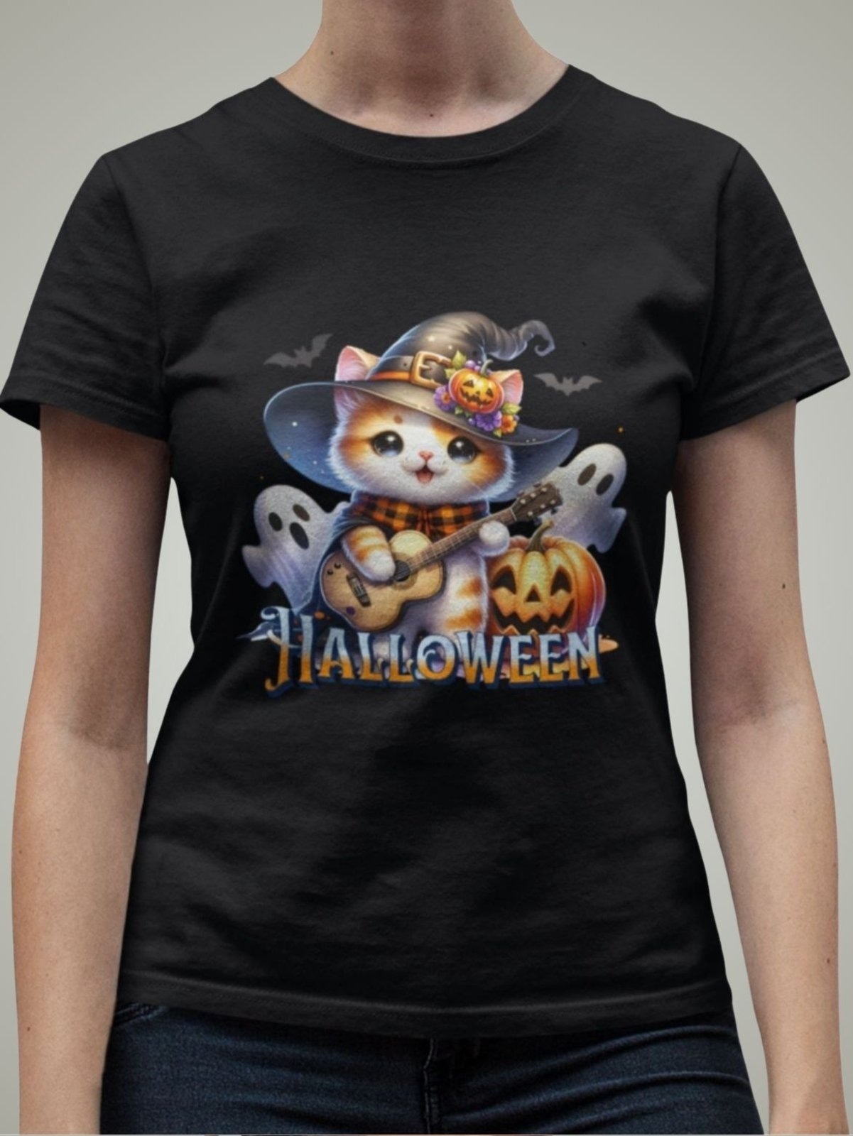 Imagem principal Camiseta Básica Feminina Gatinho Bruxo Fofo Halloween Gugi preto