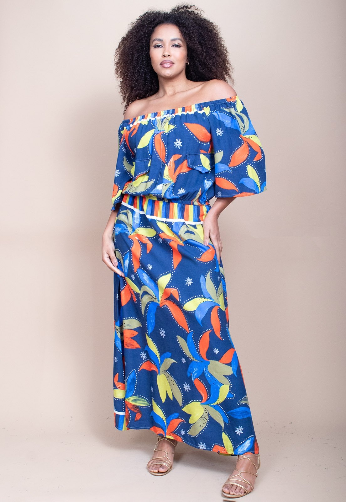 Imagem principal Vestido Midi Cabanafree Ciganinha Viscose com Lapela Estampa Maré Vibrante Cabanafree amarelo/estampado/laranja/verde