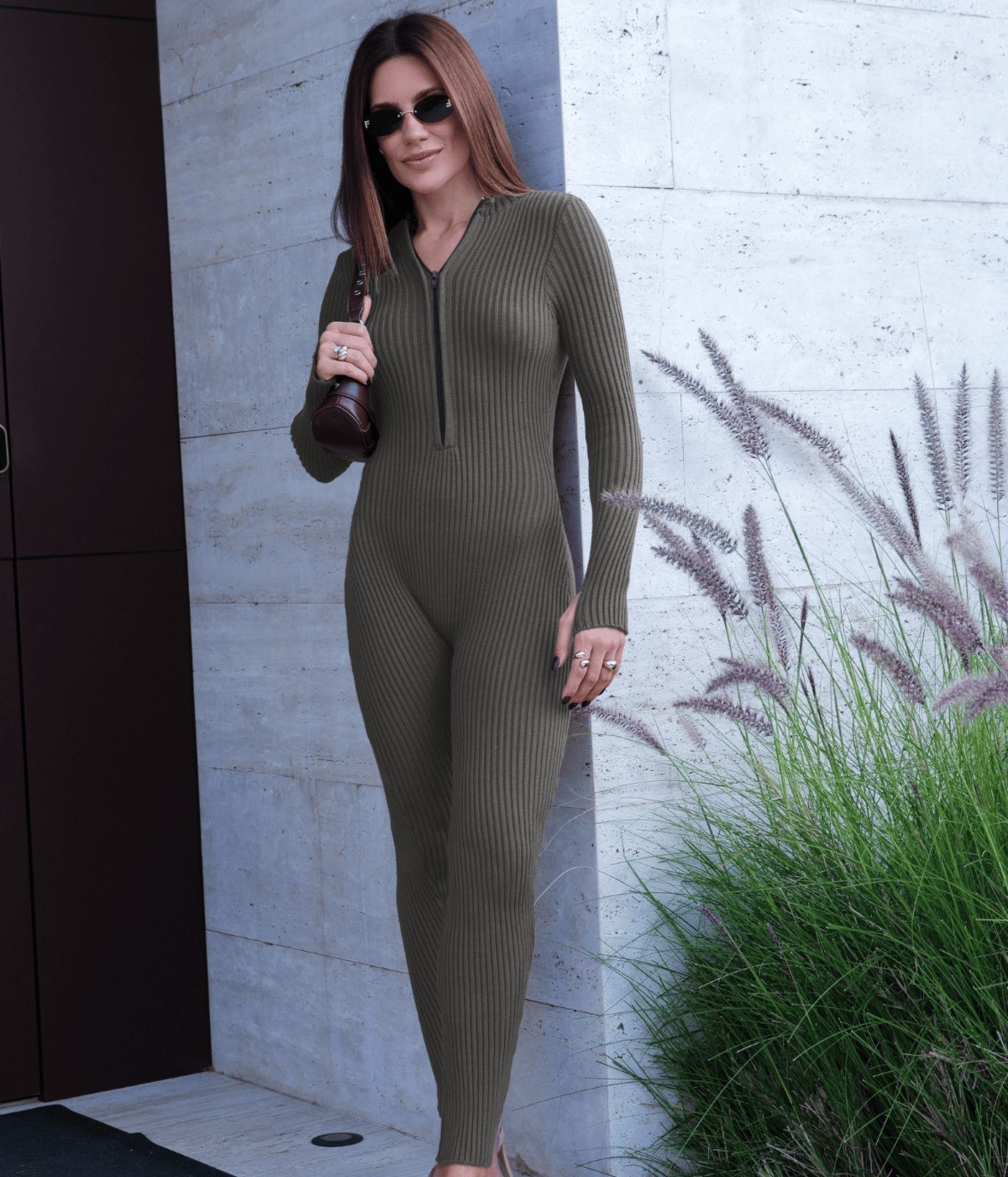 Imagem principal Macacão Cherry Line Tricô Manga Longa Ziper Canelado Justo Slim Chumbo Cherry Line cinza