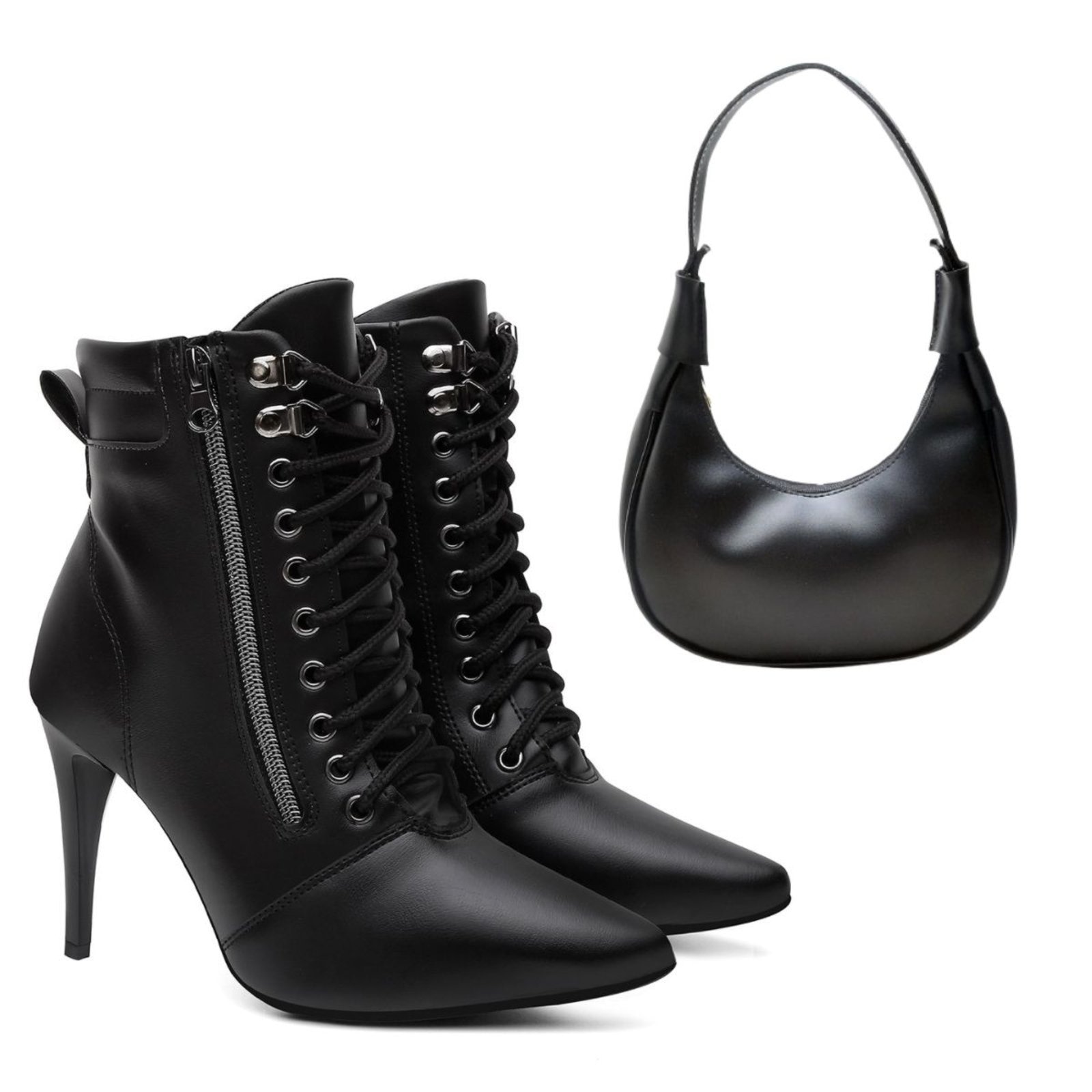 Imagem principal Kit Bota Feminina Salto Alto Anna Andrade Bico Fino Cano Médio Zíper Amarrar Tendência e Bolsa Anna Andrade preto