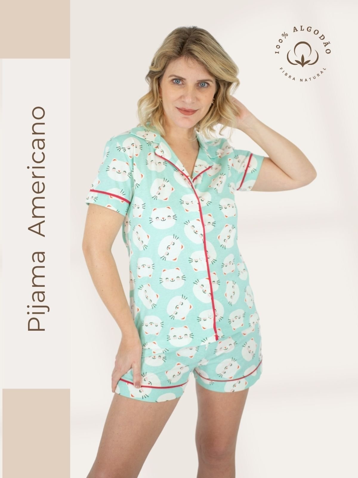 Imagem principal Pijama Piante Algodão Feminino Americano Curto Gatinhos Piante verde