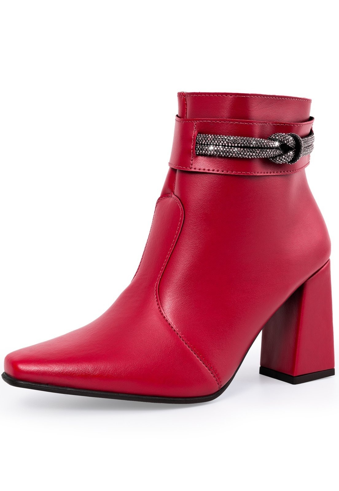 Imagem principal Bota Feminina Strass Brilho Bico Fino Lumiss Salto Alto Grosso Cano Curto Marsala LUMISS vermelho