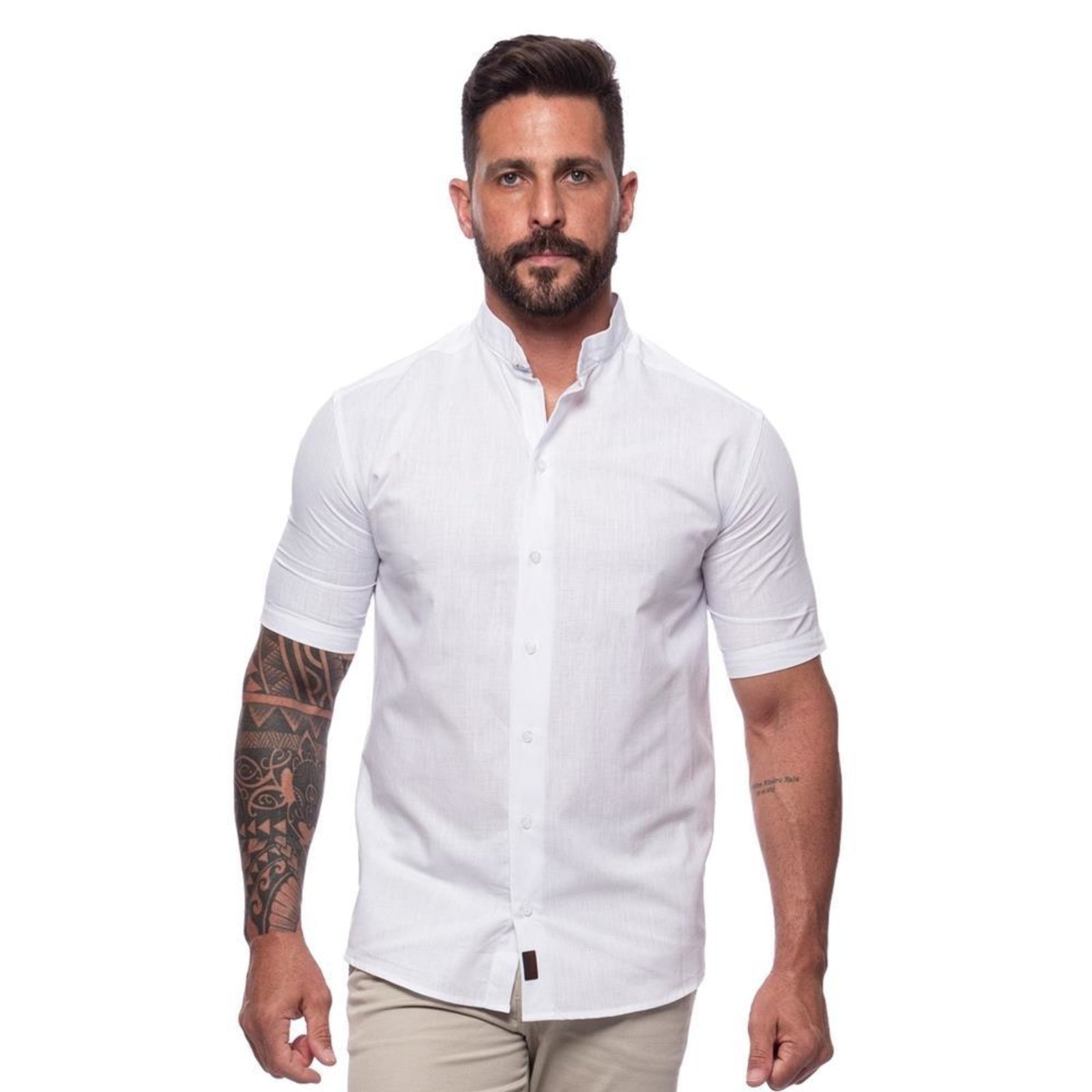 Imagem principal Camisa Masculina Linho Manga Curta Gola Padre Lisa Casual Azul Claro G Branco TEODORO CAMISARIA branco azul