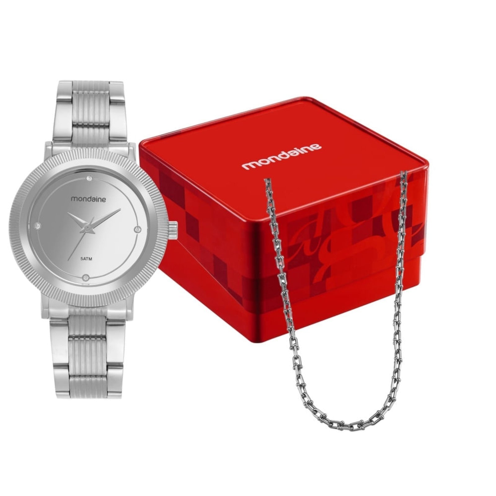 Imagem principal Kit Relógio Feminino Espelhado com Colar Mondaine prata