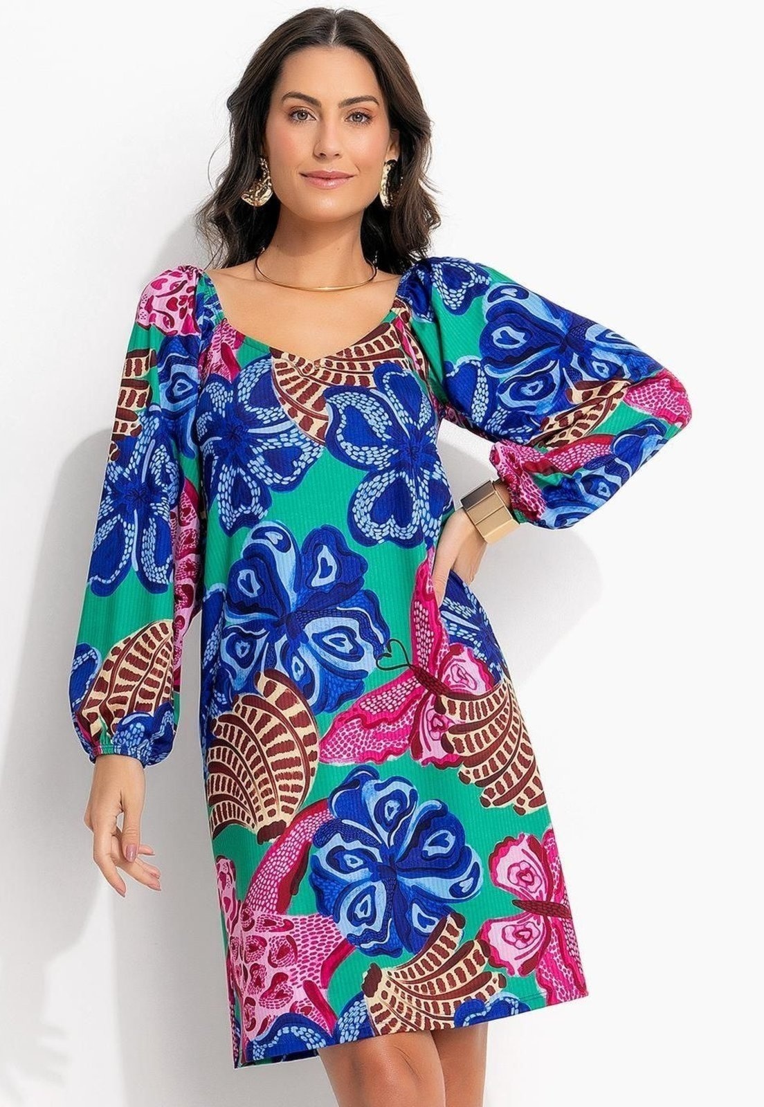Imagem principal Vestido Em Malha Fria Tropical Borboleta Quintess verde