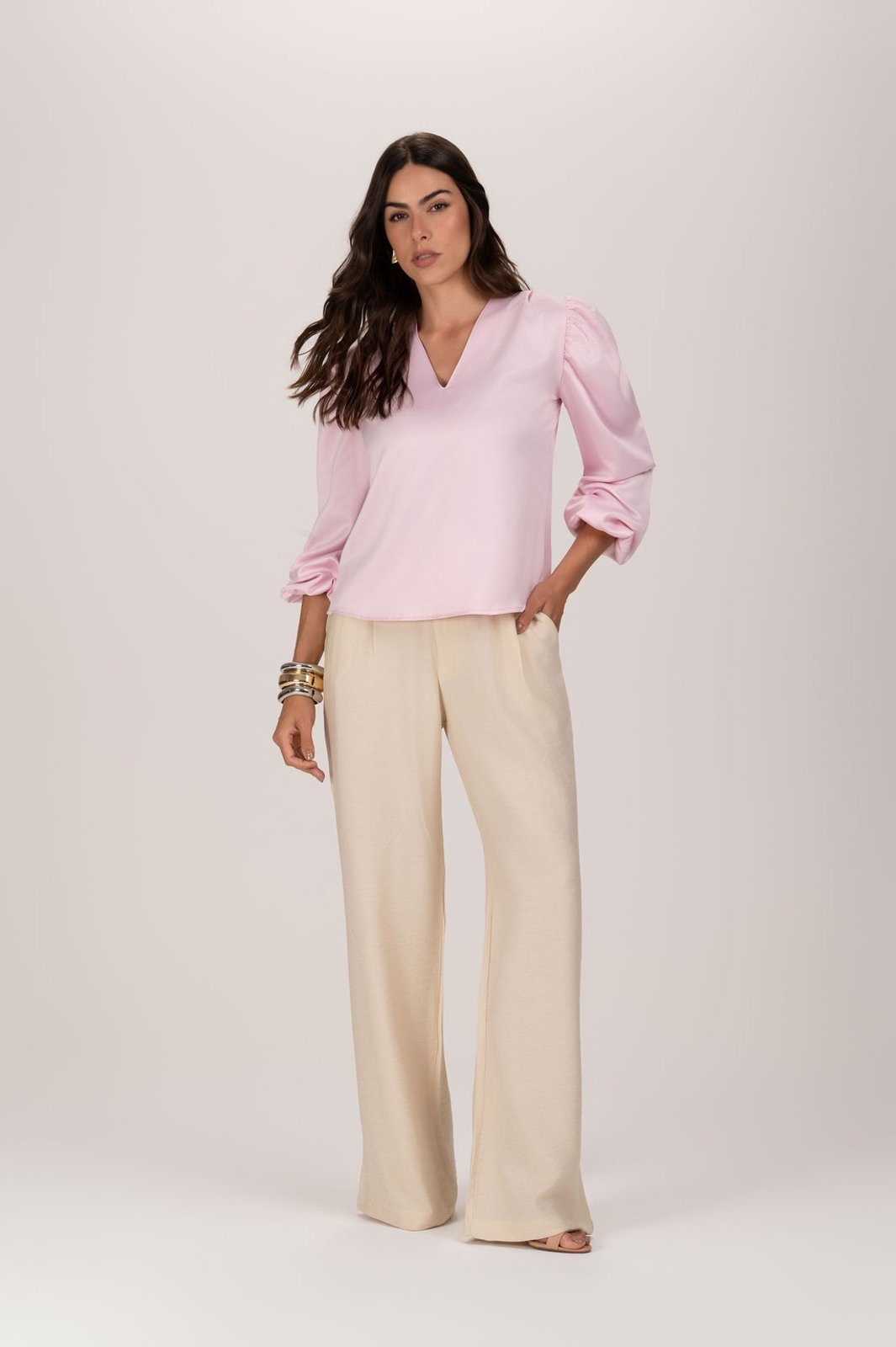 Imagem principal Calça Feminina Wide Leg Pantalona Acinturada Trabalho TEODORO CAMISARIA bege