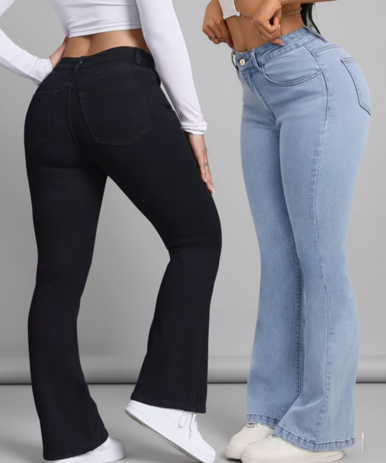 Imagem principal Kit 2 Calças Flare Feminina Alpha Street Wear Premium Com Elastano Cintura Alta Levanta Bumbum Estilo Gringa e Delave Alpha Street Wear azul/jeans/preto