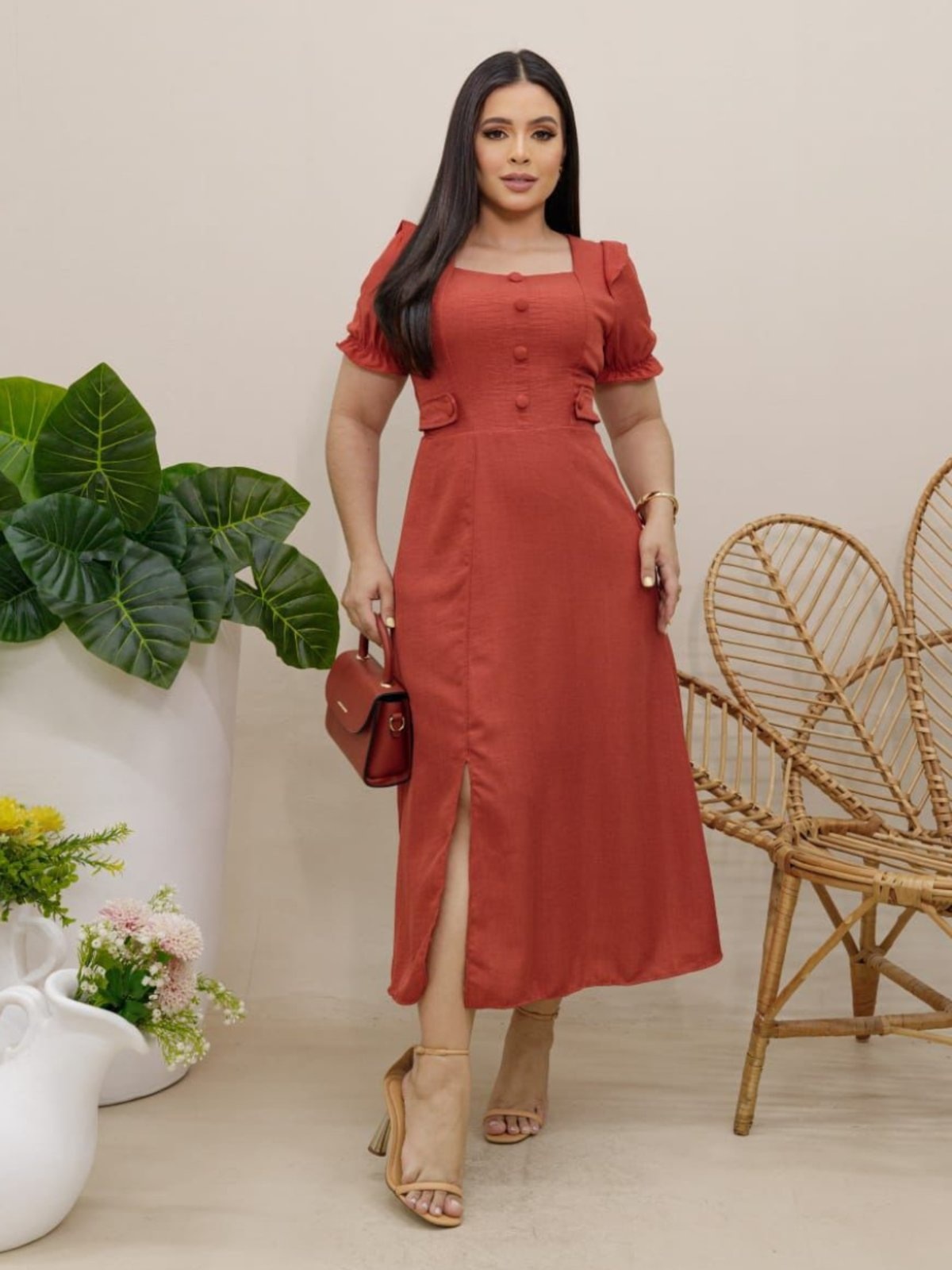 Imagem principal Vestido Elegante Moda Evangélica de Linho Decote Quadrado com Botões Elástico Social Terracota Sarah Cristina Brand azul marinho