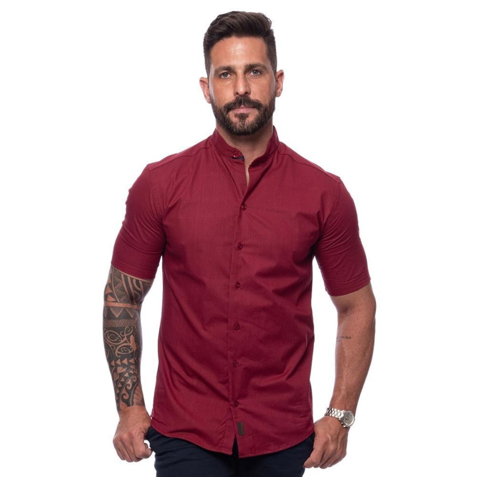 Imagem principal Camisa Masculina Linho Manga Curta Gola Padre Lisa Casual Azul Claro G Vinho TEODORO CAMISARIA vinho azul