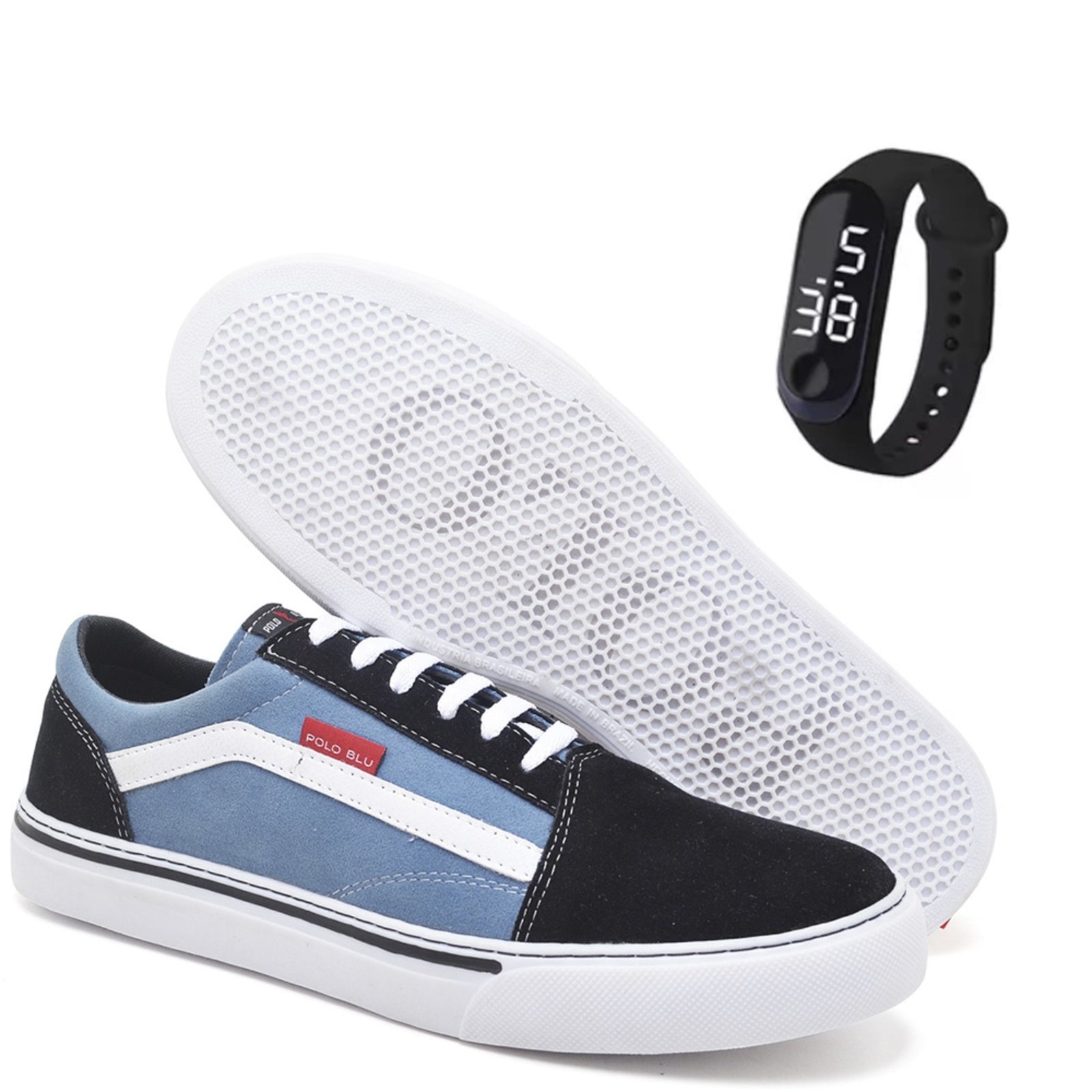 Imagem principal Tênis Masculino Casual Esportivo Azul com Relógio Digital Kit Polo Blu azul marinho