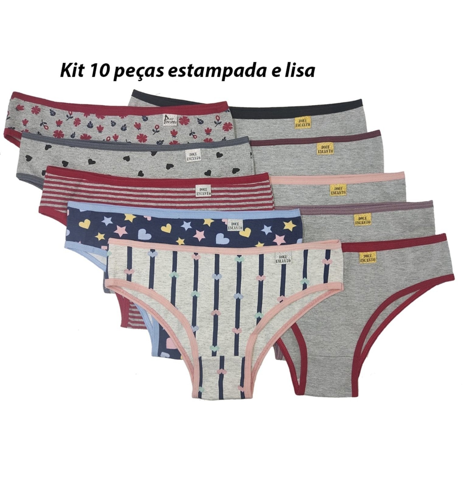 Imagem principal KIT 10 CALCINHAS DE ALGODÁO lisa e estampada REF 090 Doce Encanto amarelo/azul/bege/branco/preto/verde/vermelho