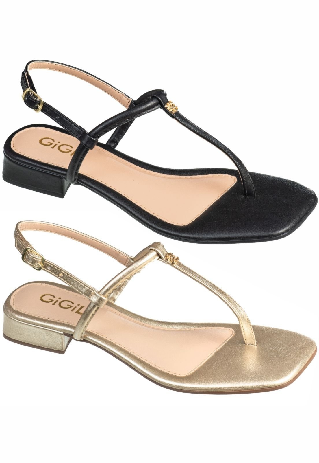 Imagem principal Kit 2 Pares Sandália Feminina GiGiL Rasteira De Dedo Salto Baixo Confortável Detalhe Metalizado Gigil dourado/preto