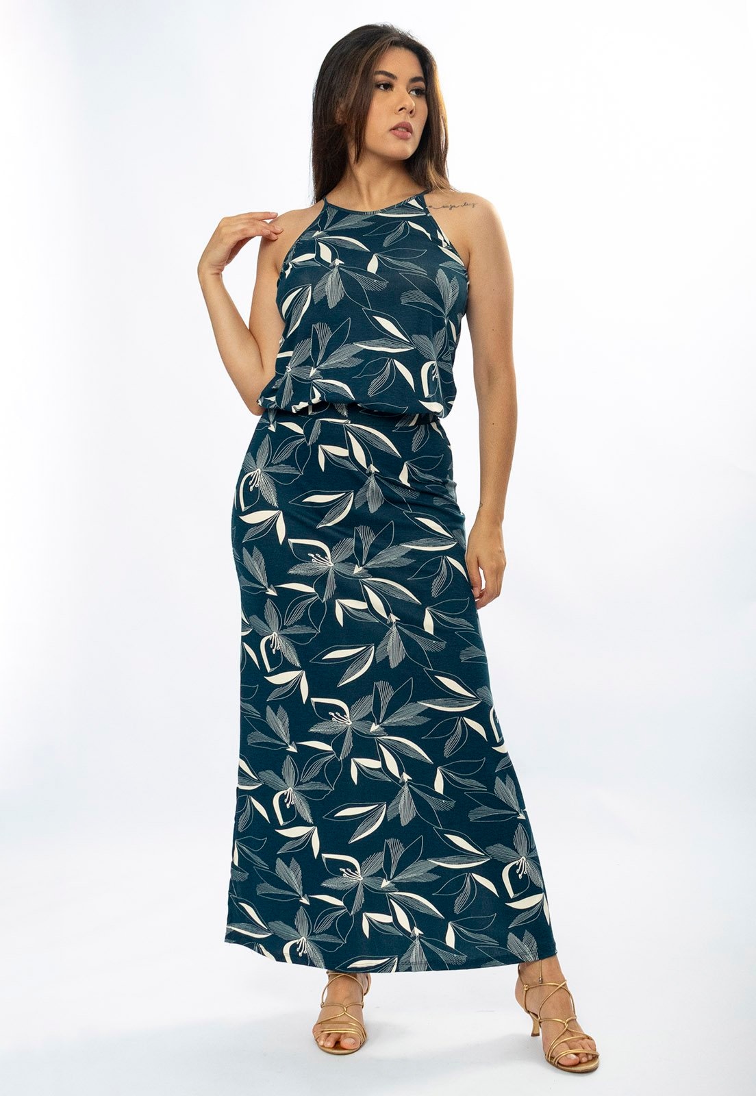 Imagem principal Vestido Longo Cabanafree Malha Trapézio com Elástico na Cintura Hibisco Blue Cabanafree off-white blue