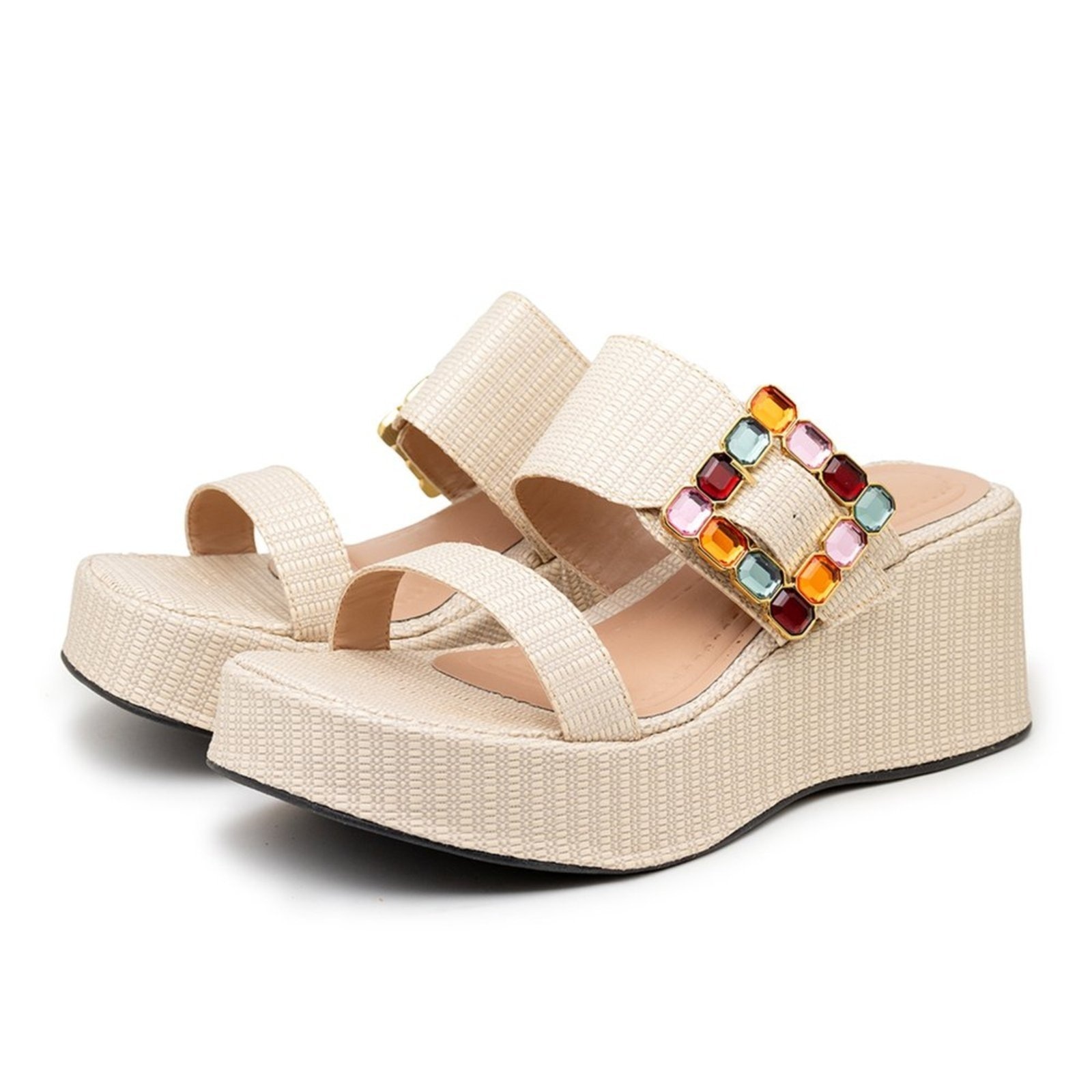 Imagem principal Tamanco Feminino Plataforma Salto Médio 5200 Rafia natural Flor da Pele bege natural