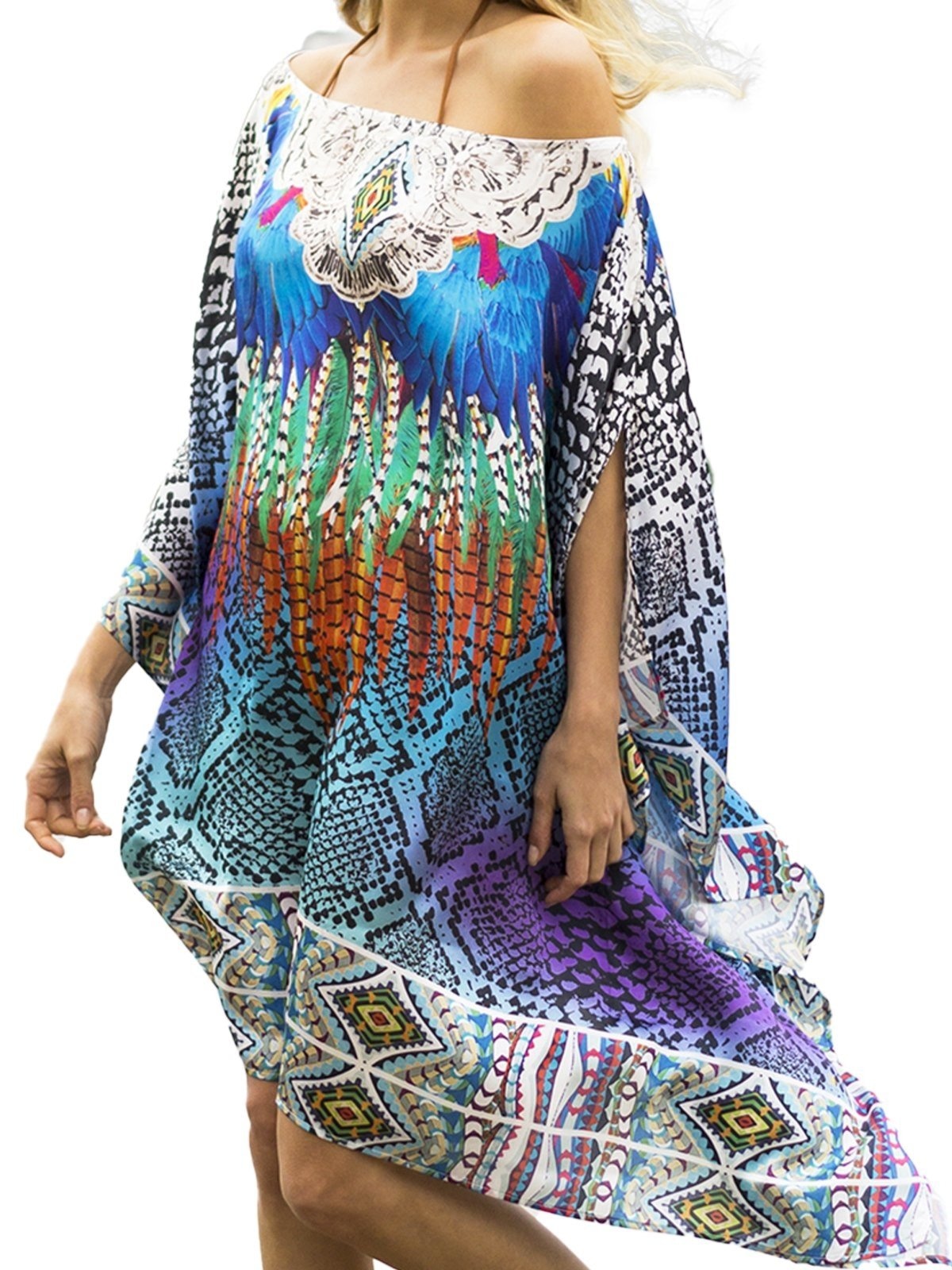 Imagem principal Vestido Kaftan Curto Cetim Estampado EXCLUSIVO Pala Penas Multicolorido 101 Resort Wear azul/branco/laranja/preto/verde