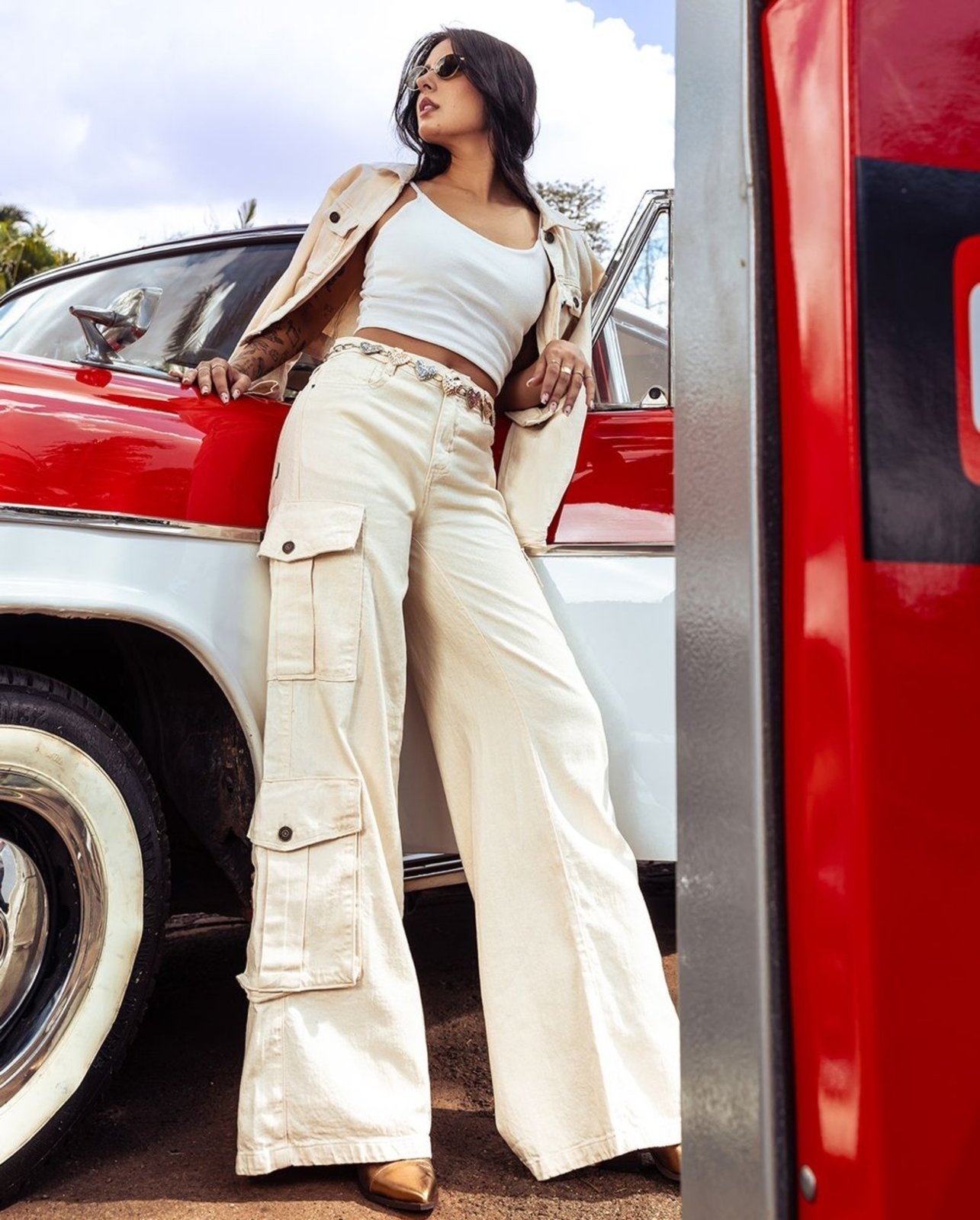 Imagem principal Calça Jeans Feminina Wide Leg Relaxed Cargo Cintura Baixa 24652 Off White Consciência off-white white