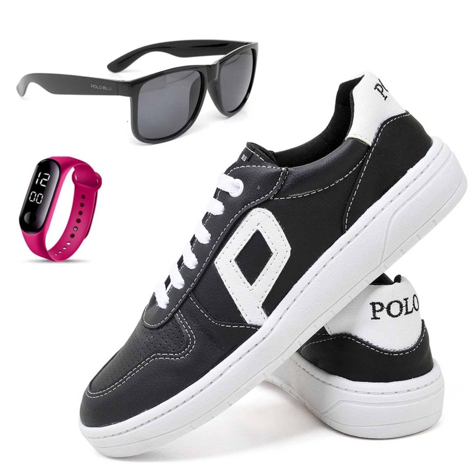 Imagem principal Kit Tenis Casual Esportivo Unissex Conforto com Relógio Digital e Oculos de Sol Polo Blu preto