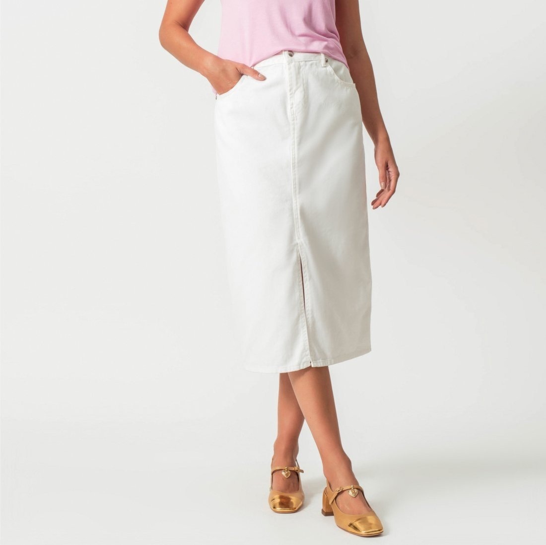 Imagem principal Saia Midi Jeans Color Reta Fenda Frontal Branca Bloom branco