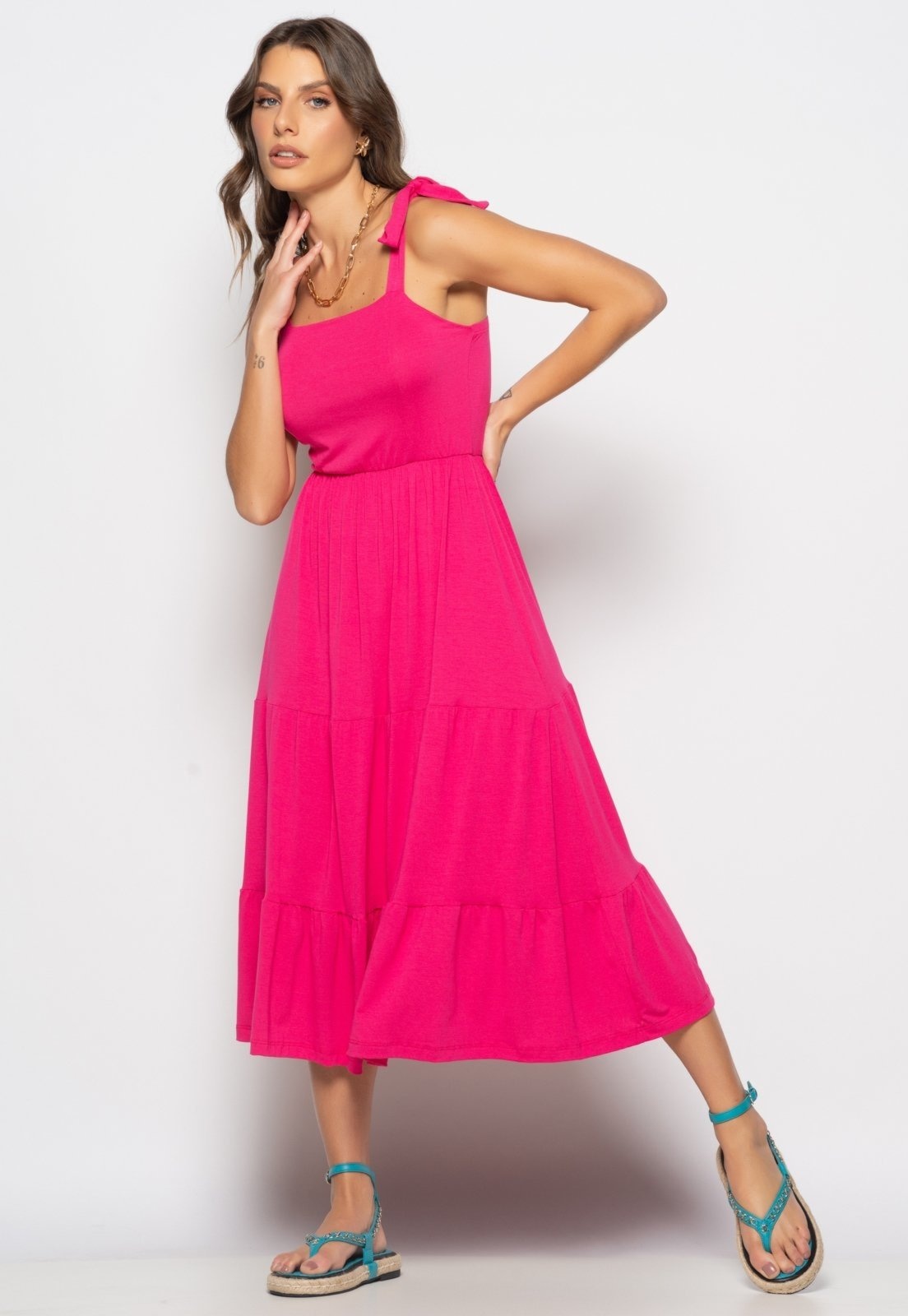 Imagem principal Vestido Midi Babado Com Alça Amarração Malha Salvatore Pink Salvatore Fashion rosa pink