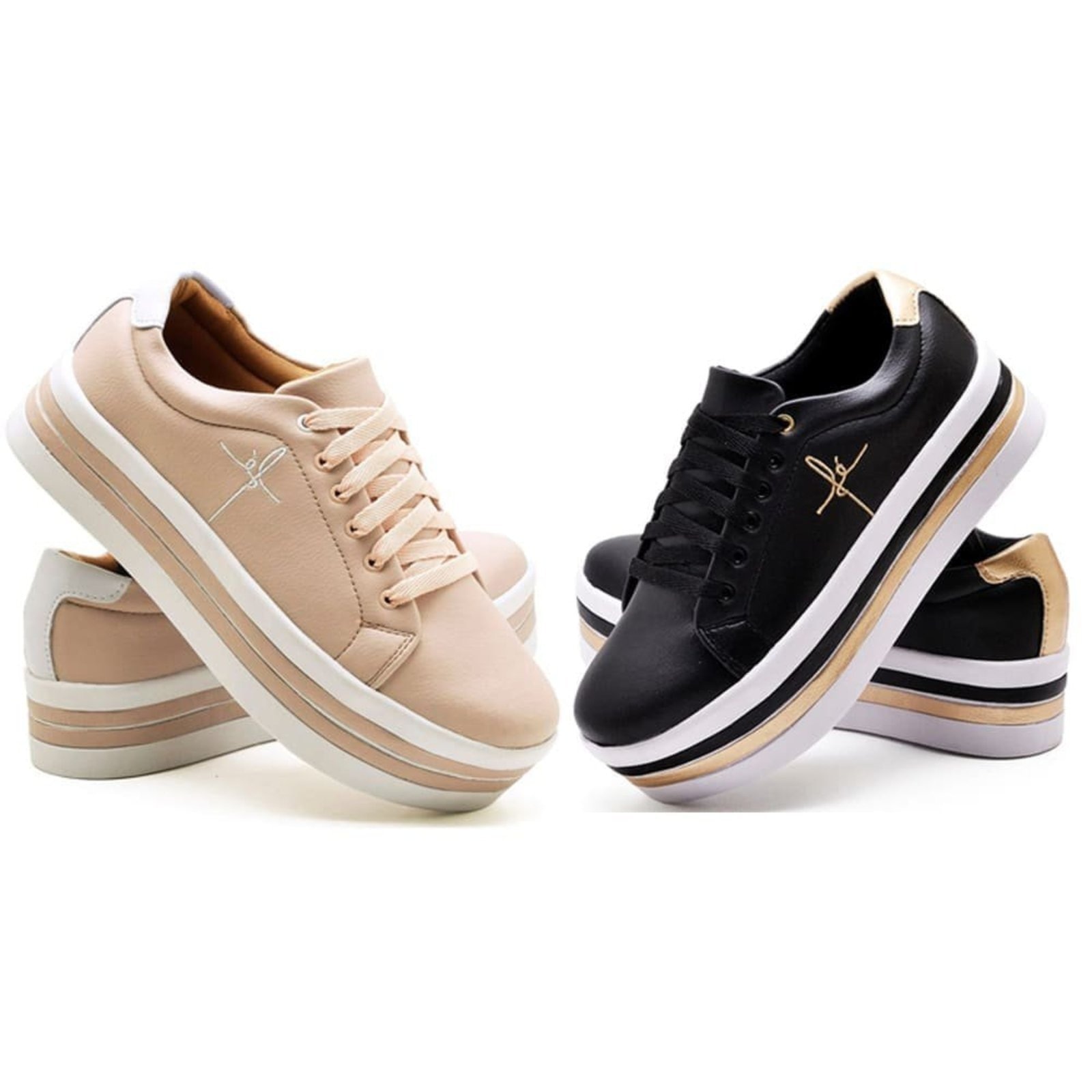 Imagem principal Kit 2 Tênis Feminino GuGi Plataforma Bordado Fé Detalhes Laterais Da Sola Preto e Gugi nude/preto nude