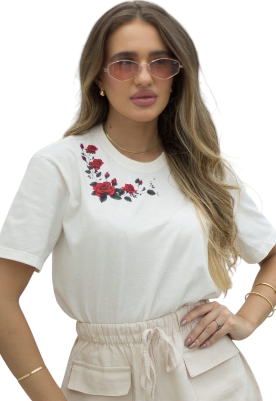 Imagem principal Camiseta Cianitas Off Estampa Rosa Vermelha Gola Cianitas off-white rosa