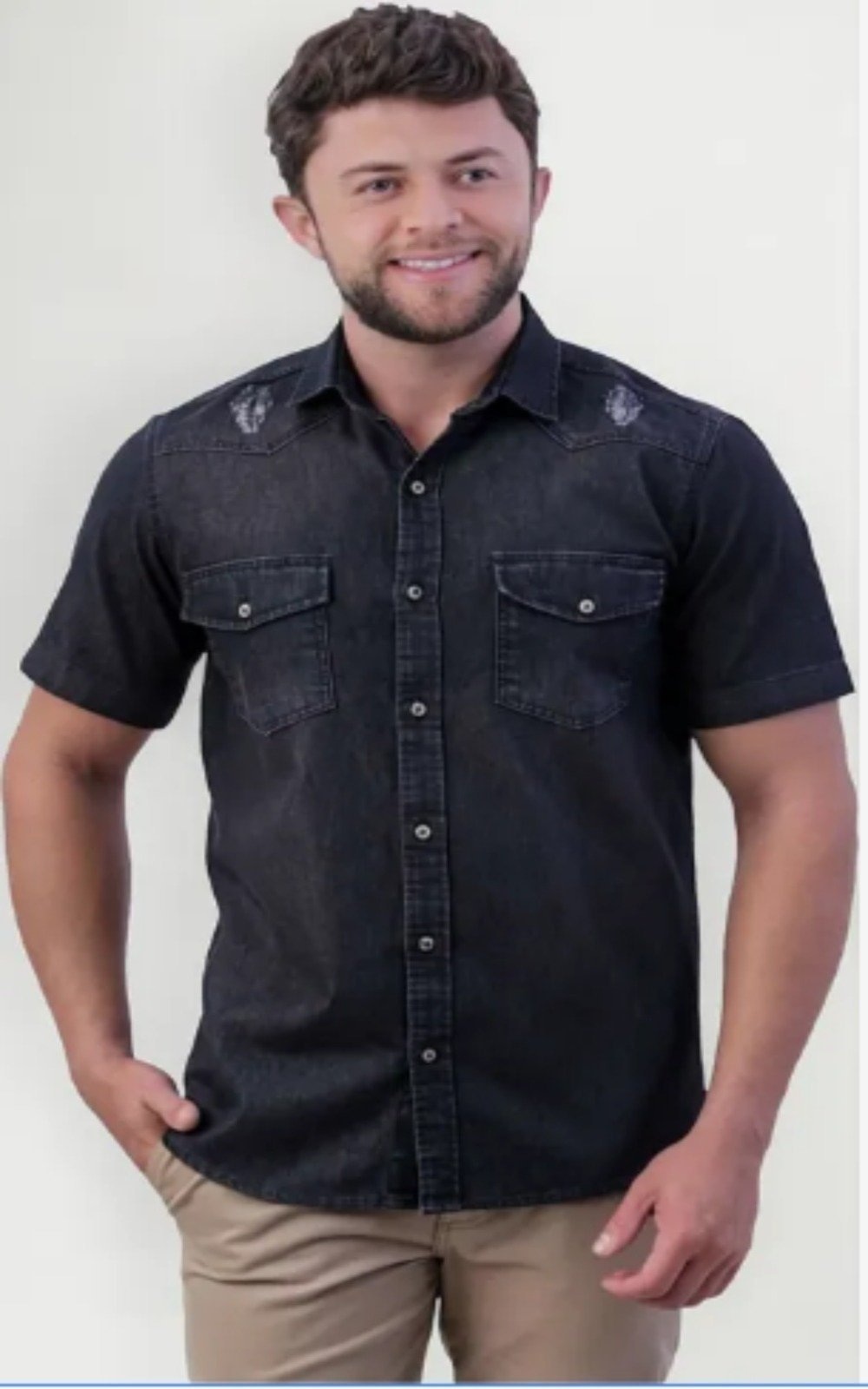 Imagem principal Camisa Jeans Amil 2 Bolsos Comfort Volcano Macia Manga Curta Luxo Amil preto