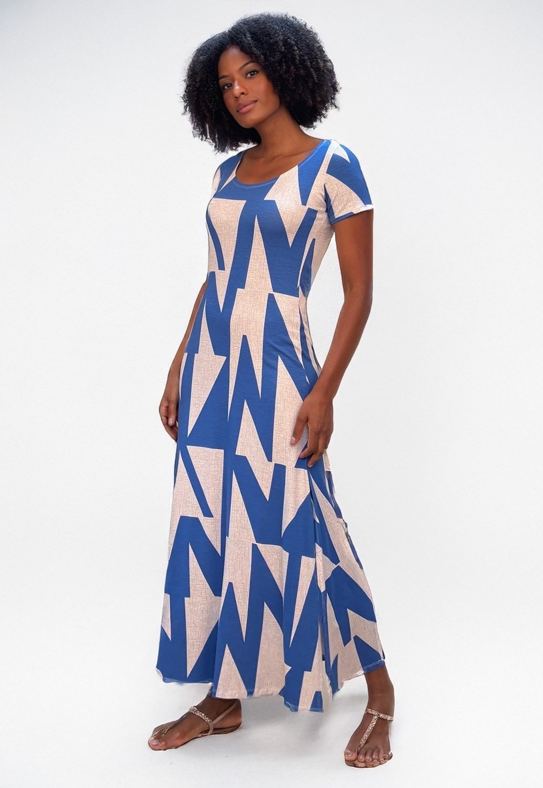 Imagem principal Vestido Longo Malha Gola Canoa Manga Curta Geométrico Blue Amazonia Vital azul/branco/estampado blue