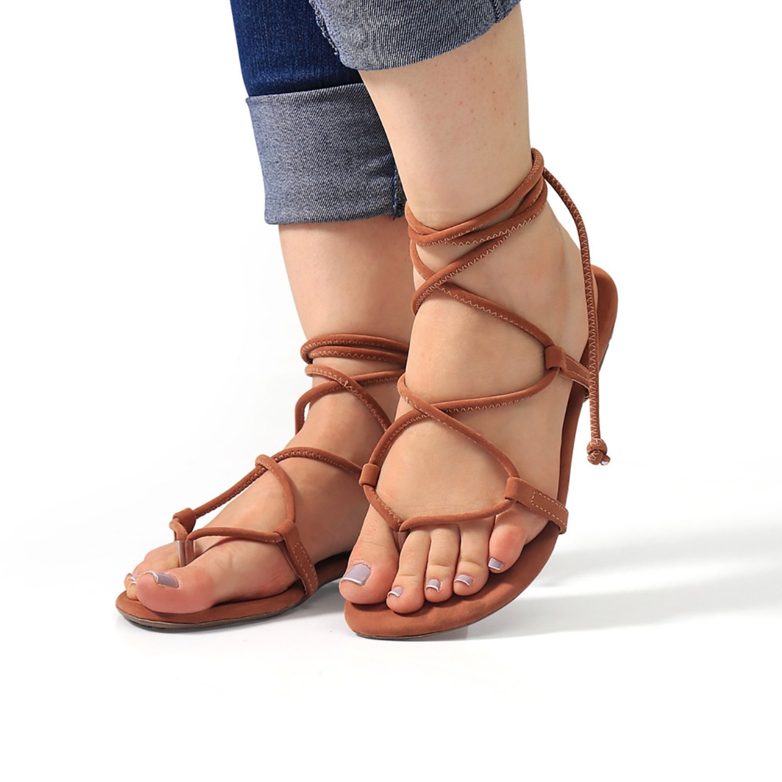 Imagem principal Sandália Feminina Rasteira Gladiadora Amarrar Perna Confortável Resistente BREDENI marrom