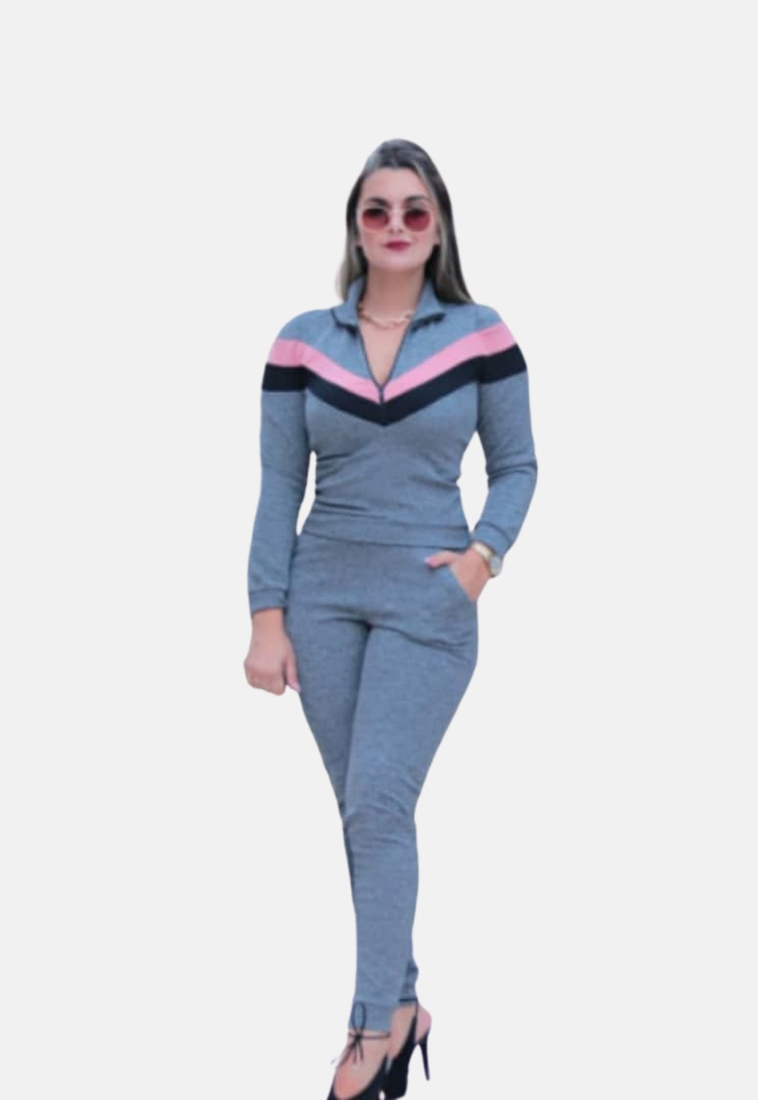 Imagem principal Conjunto Agasalho Summer Body Malha Crepe com Zíper gola alta Summer Body cinza/preto/rosa