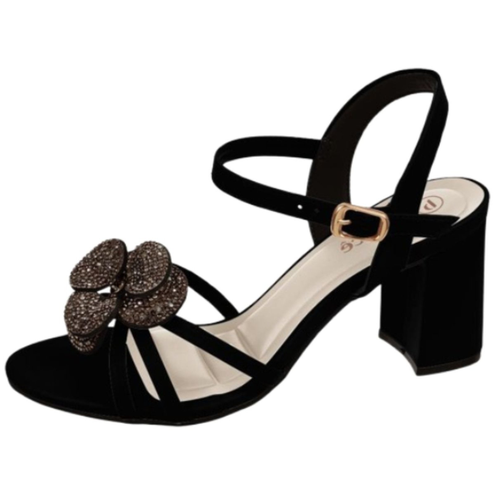 Imagem principal Sandália Feminina Salto Bloco Grosso Médio Preta Brilho Flor Santa Rosa preto rosa