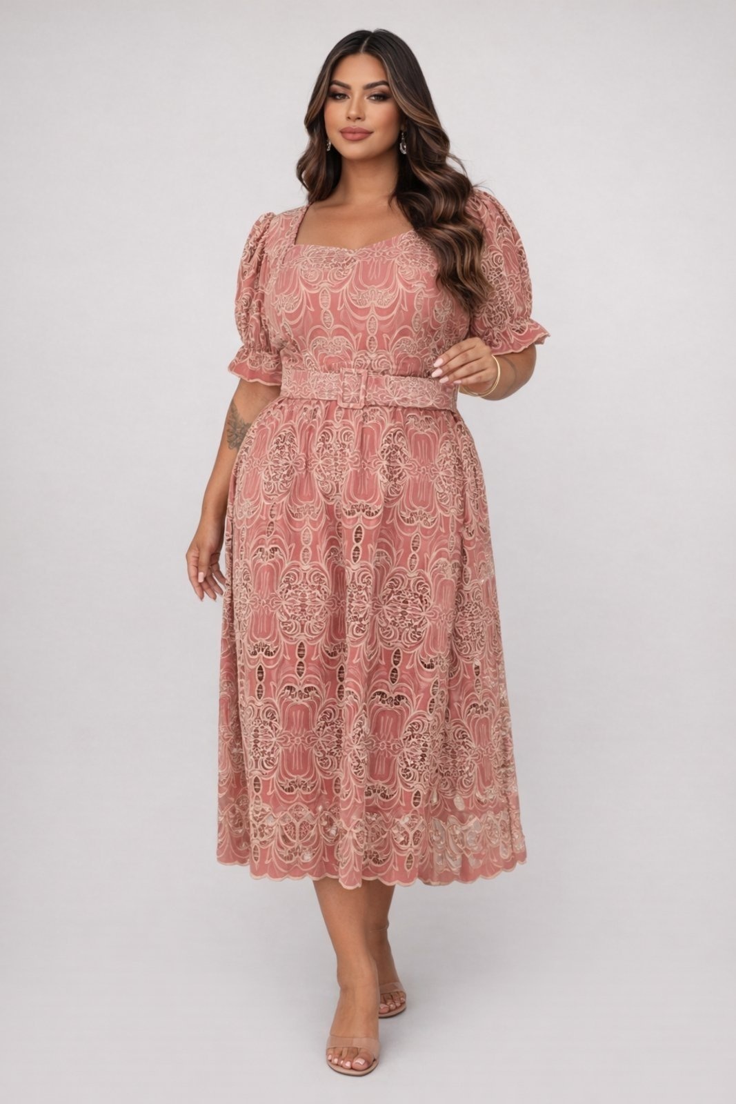 Imagem principal Vestido Midi Plus Size D Bell Outlet Fashion Manga Princesa Com Cinto D BELL OUTLET FASHION rosê