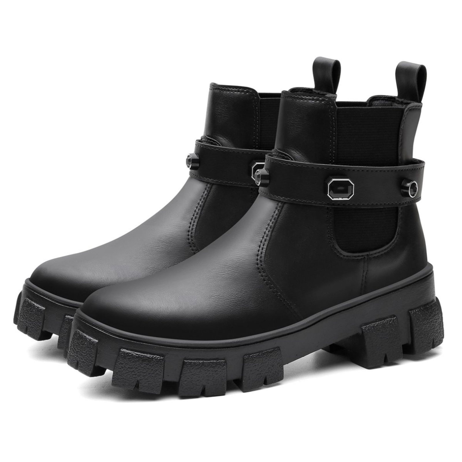 Imagem principal Bota Chelsea Feminina Cano Curto Conforto Tratorada Preta Pedraria Santa Rosa preto