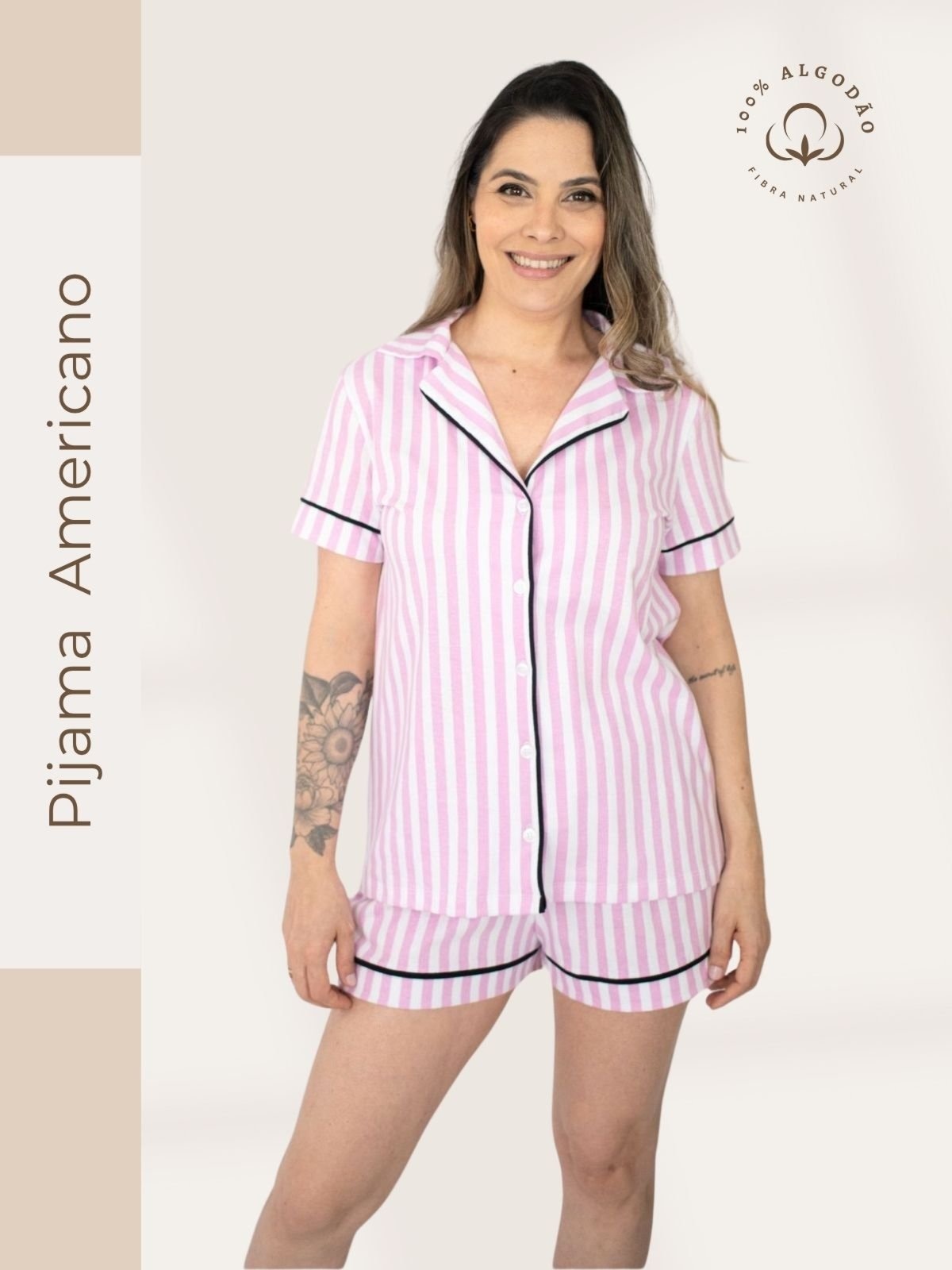 Imagem principal Pijama Americano Manga Curta Flávia - Listrado Piante rosa