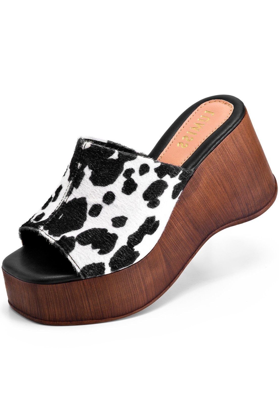 Imagem principal Sandália Feminina Lumiss Tamanco Anabela Plataforma Madeira Estampa Animal Print Vaca Marrom LUMISS preto