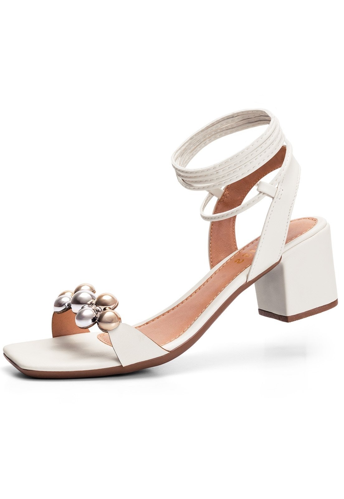 Imagem principal Sandália Feminina Lumiss Salto Baixo Bloco Confortável Amarração Enfeite Off White LUMISS off-white white