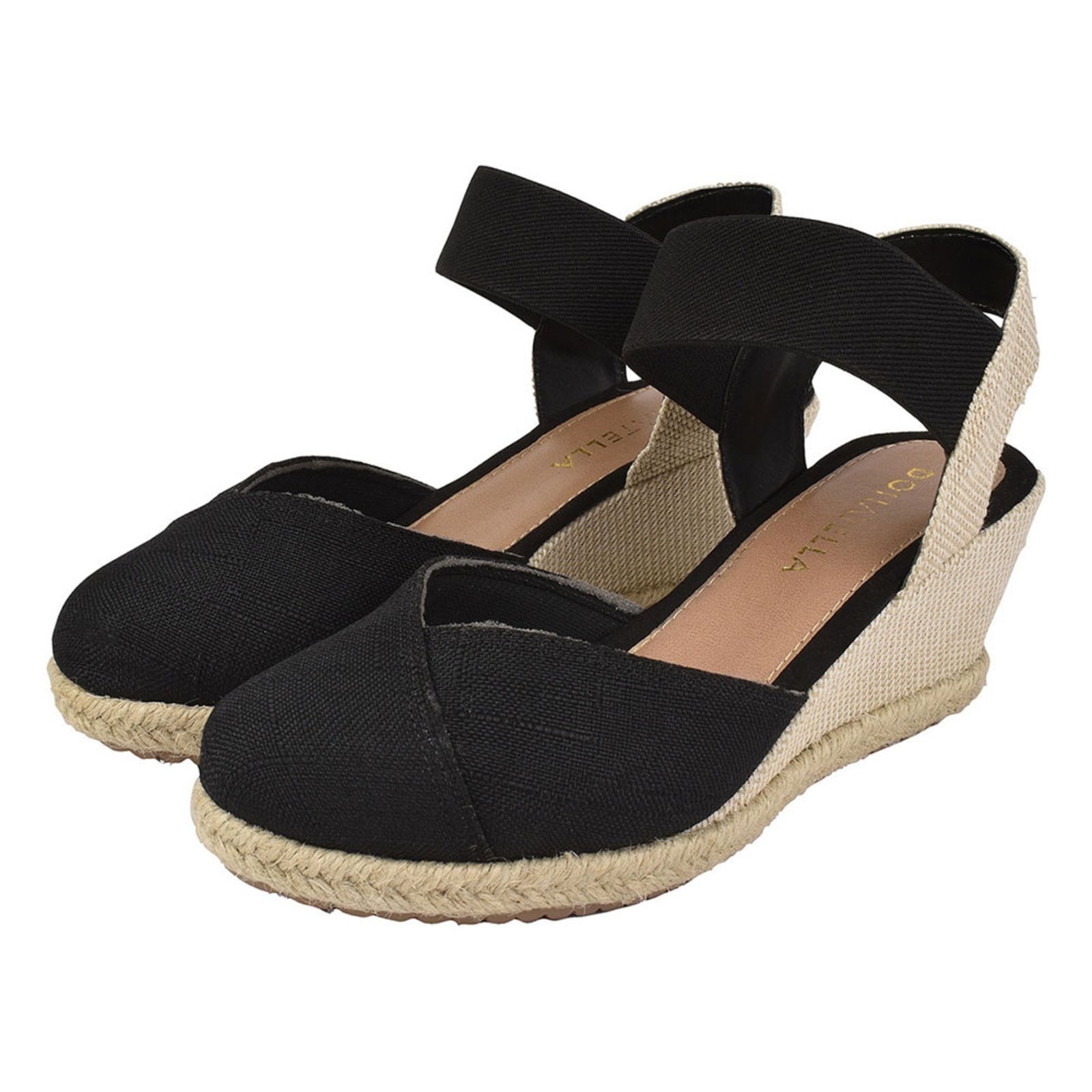 Imagem principal Sandália Anabela Feminina Plataforma CM Calçados Macia Juta Corda Natural Tecido Textura Elástico Preto Monte Shoes preto natural