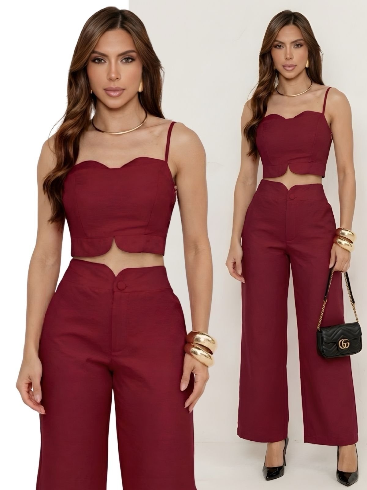 Imagem principal Conjunto Feminino Alfaiataria Divina Gata Cropped e Calça Pantalona Barolo DIVINA GATA vermelho