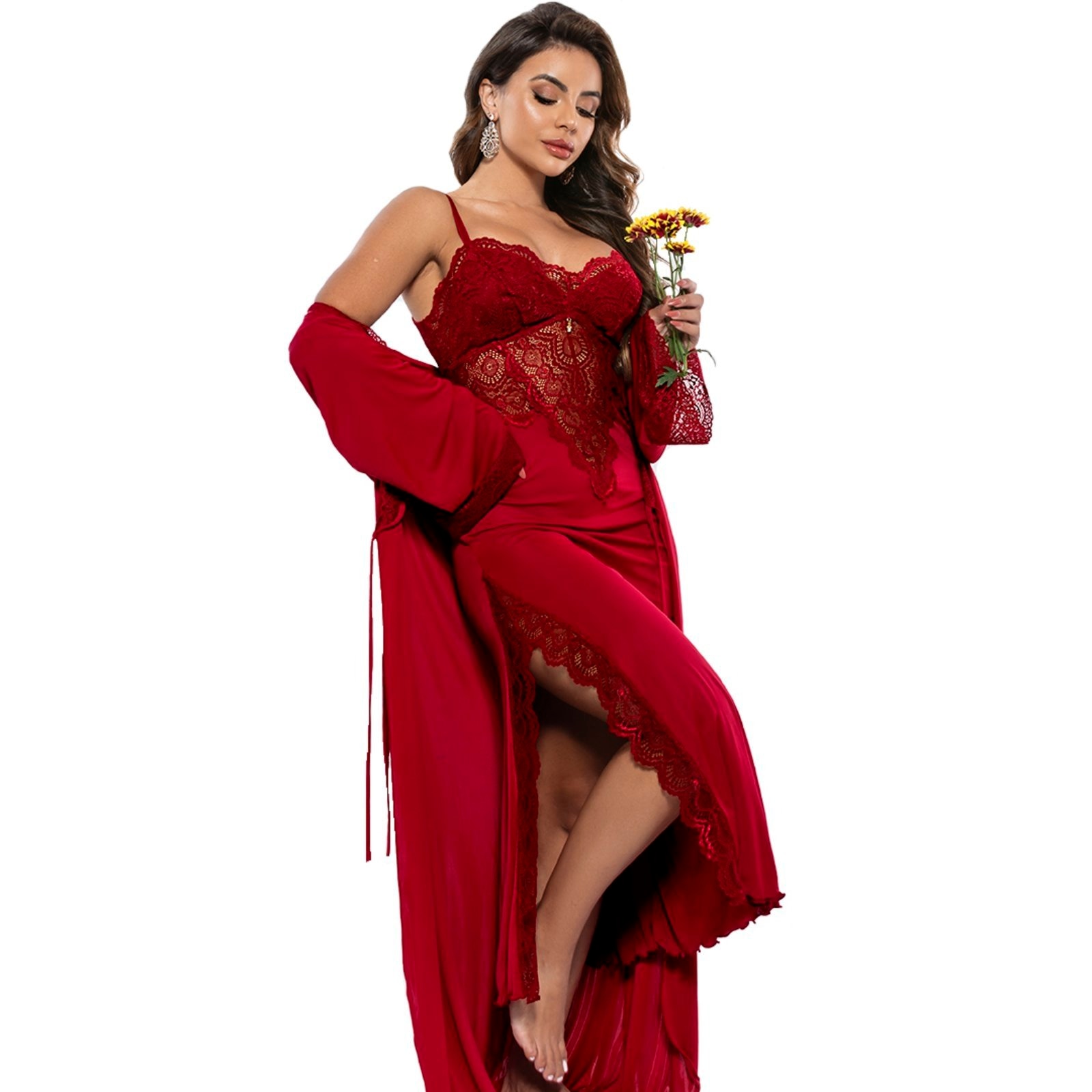 Imagem principal Kit Camisola Longa e Robe Gabi Lingerie Microfibra Poliamida Renda Gabi Lingerie vermelho