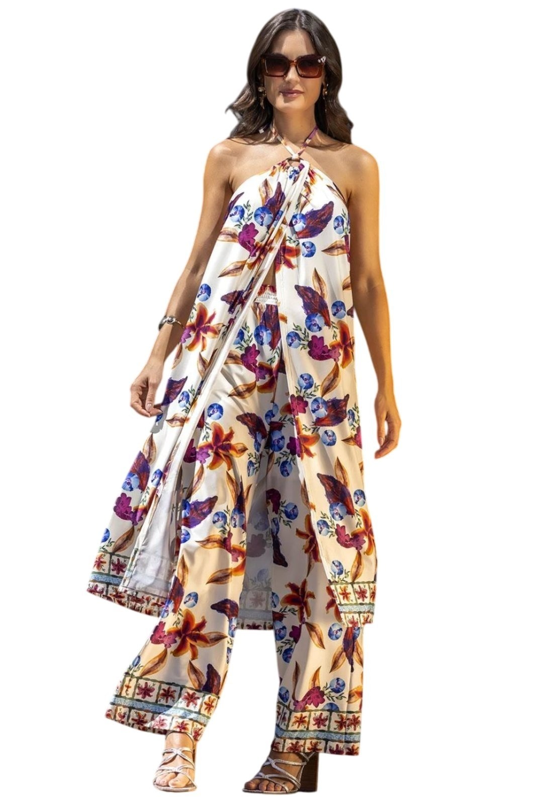 Imagem principal Calça Em Malha Fria Barrado Floral Quintess bege