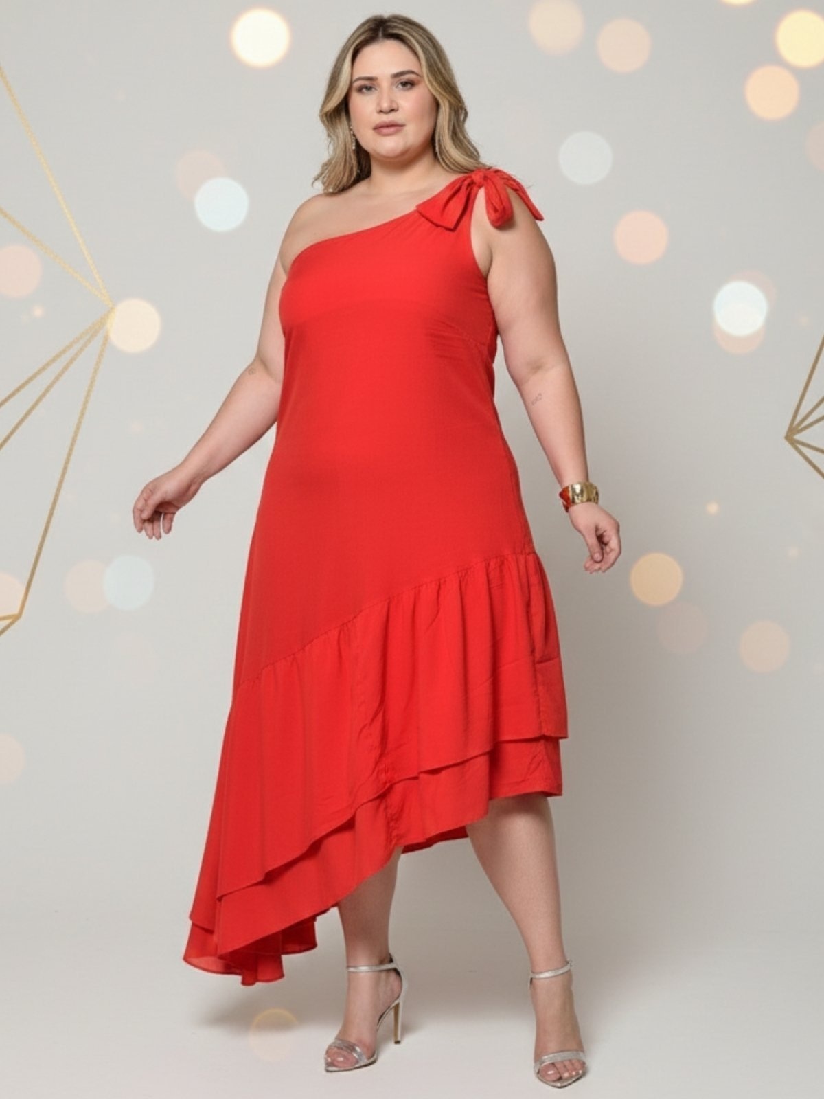 Imagem principal Vestido Feminino Plus Size Um Ombro Viscose Midi Assimétrico Razon Jeans vermelho