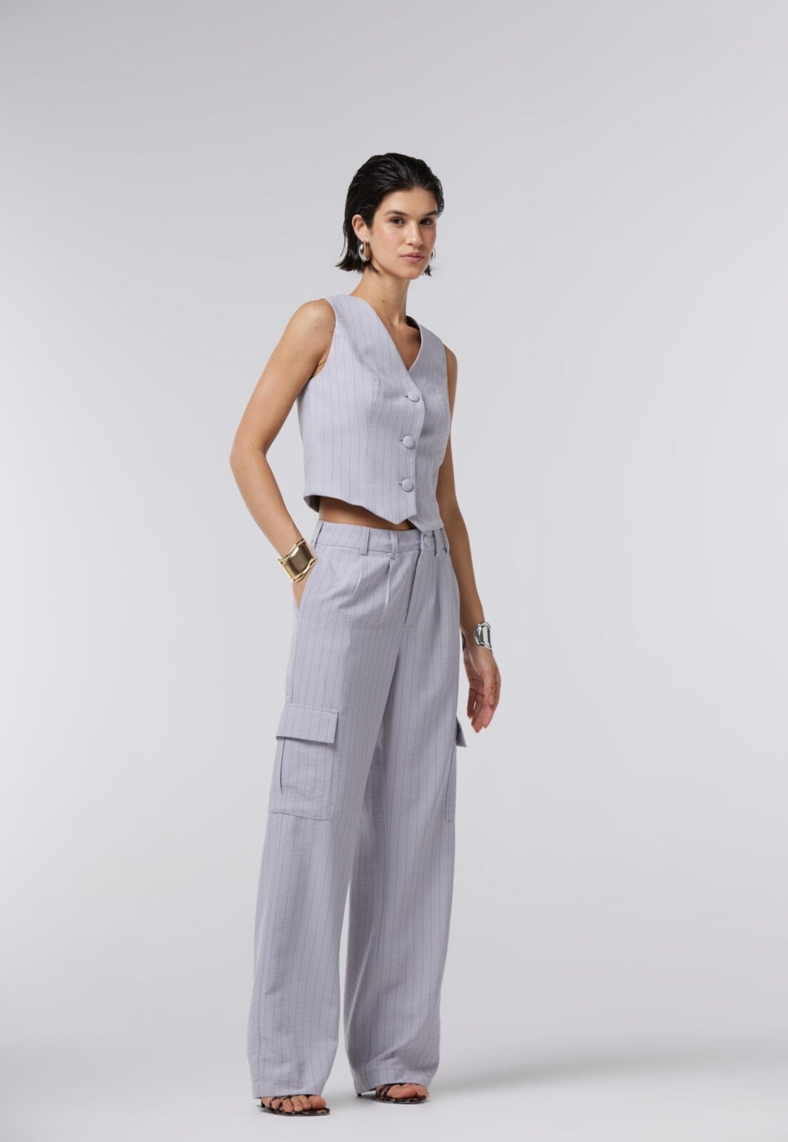 Imagem principal Calça Alfaiataria Traymon Risca De Giz Claro Traymon cinza