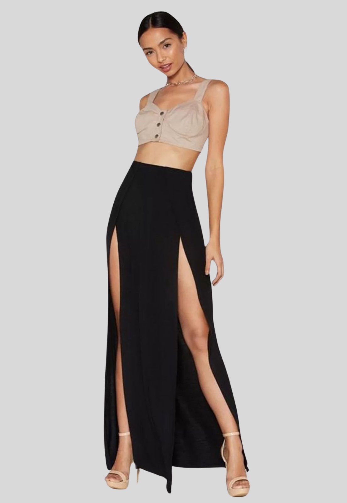 Imagem principal Saia Longa Feminina Fenda Cintura Alta Aberta na Perna Preta Diluxo preto