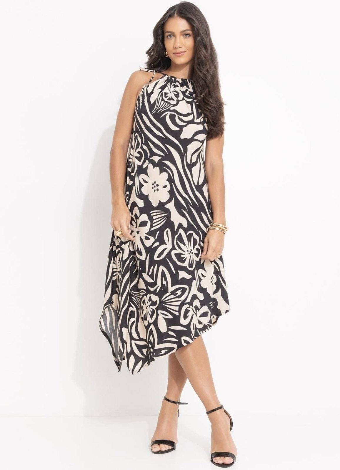 Imagem principal Vestido Viscose Plana Floral ArtÁstico Colorido Quintess preto