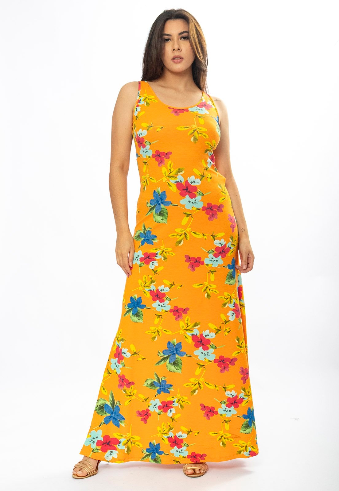 Imagem principal Vestido Longo Cabanafree Butiá Malha Regata Estampa Laranja Floral Cabanafree amarelo/azul/estampado/verde
