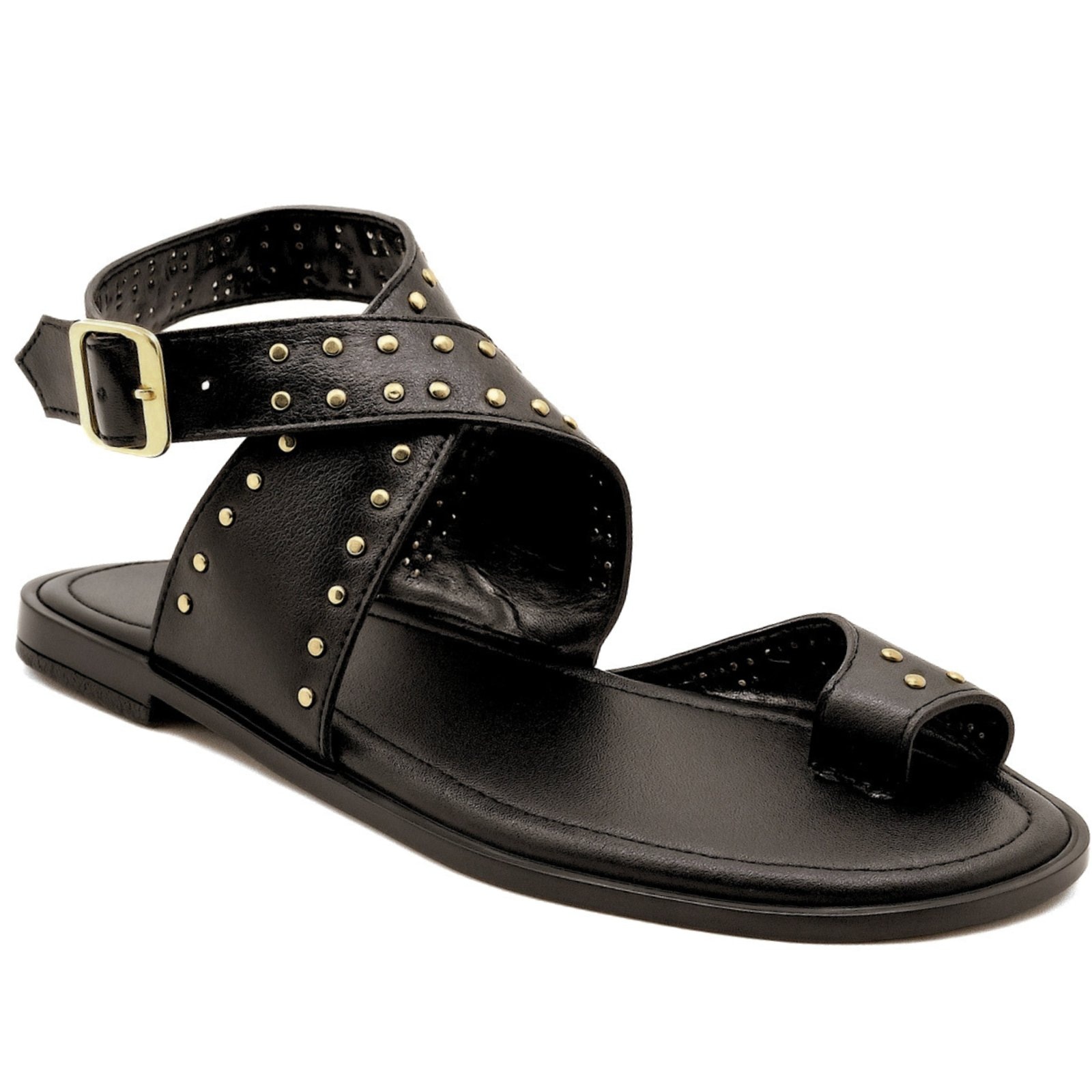 Imagem principal Sandália Rasteira Feminina Tiras Largas Com Detalhes Em Tachas Estilosa Boho Preta 300 Flor da Pele preto