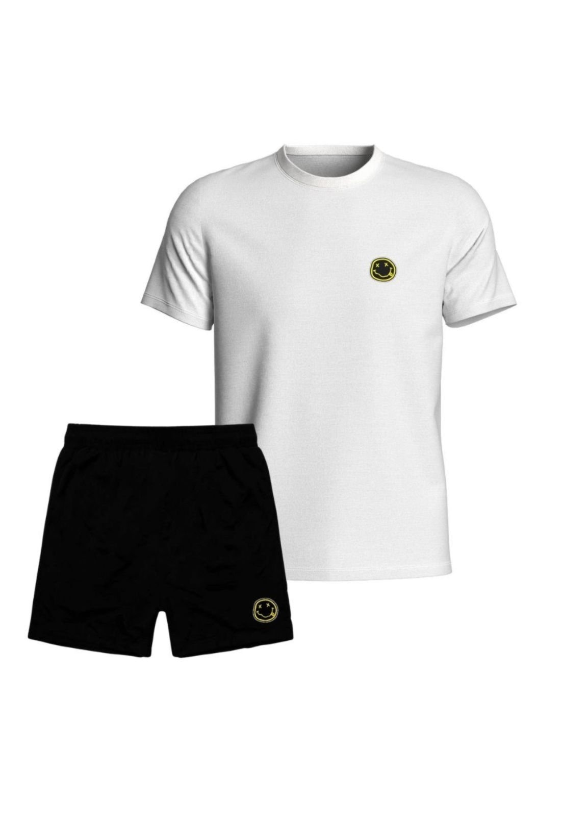 Imagem principal Kit Masculino Camiseta Branca Algodão Short Tactel Relaxado Conjunto Adulto Casual Emoji Relaxado branco/preto