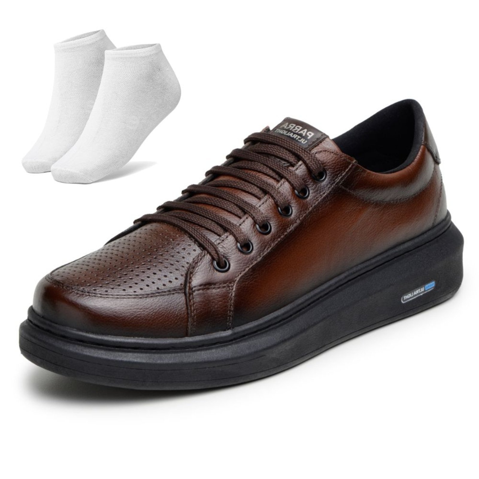 Imagem principal Kit Tênis Sapatenis Bia Ramos com Cadarço Confortavel em Couro Masculino Pinhão + Meia Bia Ramos marrom