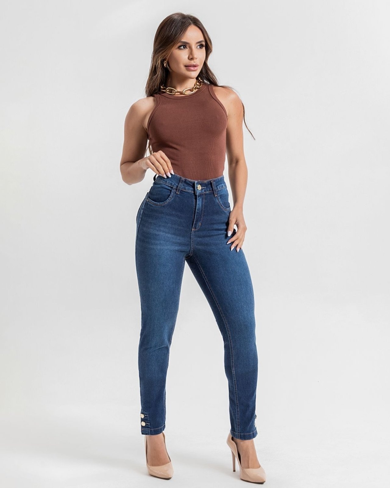 Imagem principal Calça Feminina C/ Detalhes em Botões na Barra - Cigarrete - Black Jeans - Denim Escuro Black Jeans azul black