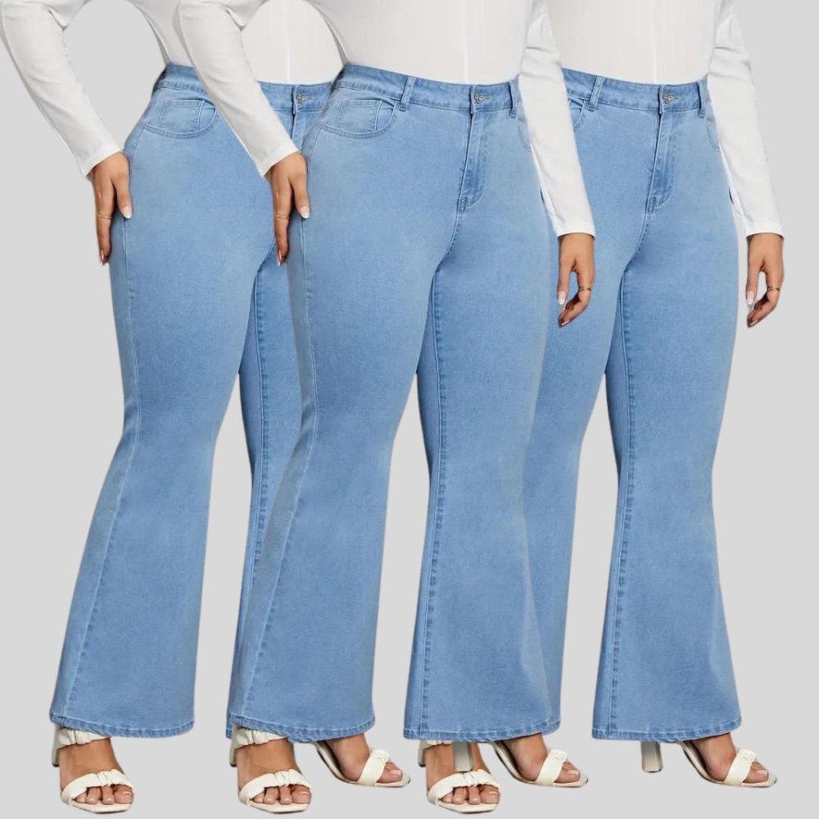 Imagem principal Kit 3 Calça Flare Plus Size Feminina Tex Jeans Boca de Sino Cintura Alta Modeladora com Elastano Claro TEX JEANS azul
