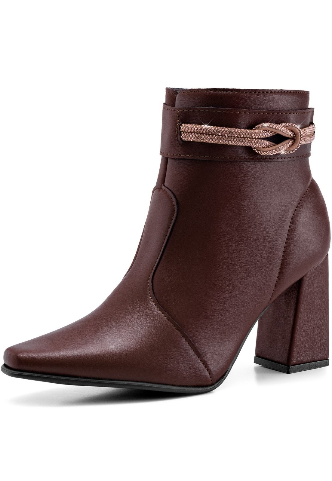 Imagem principal Bota Coturno Feminino Strass Bico Fino Lumiss Salto Alto Grosso Cano Curto Confort LUMISS marrom